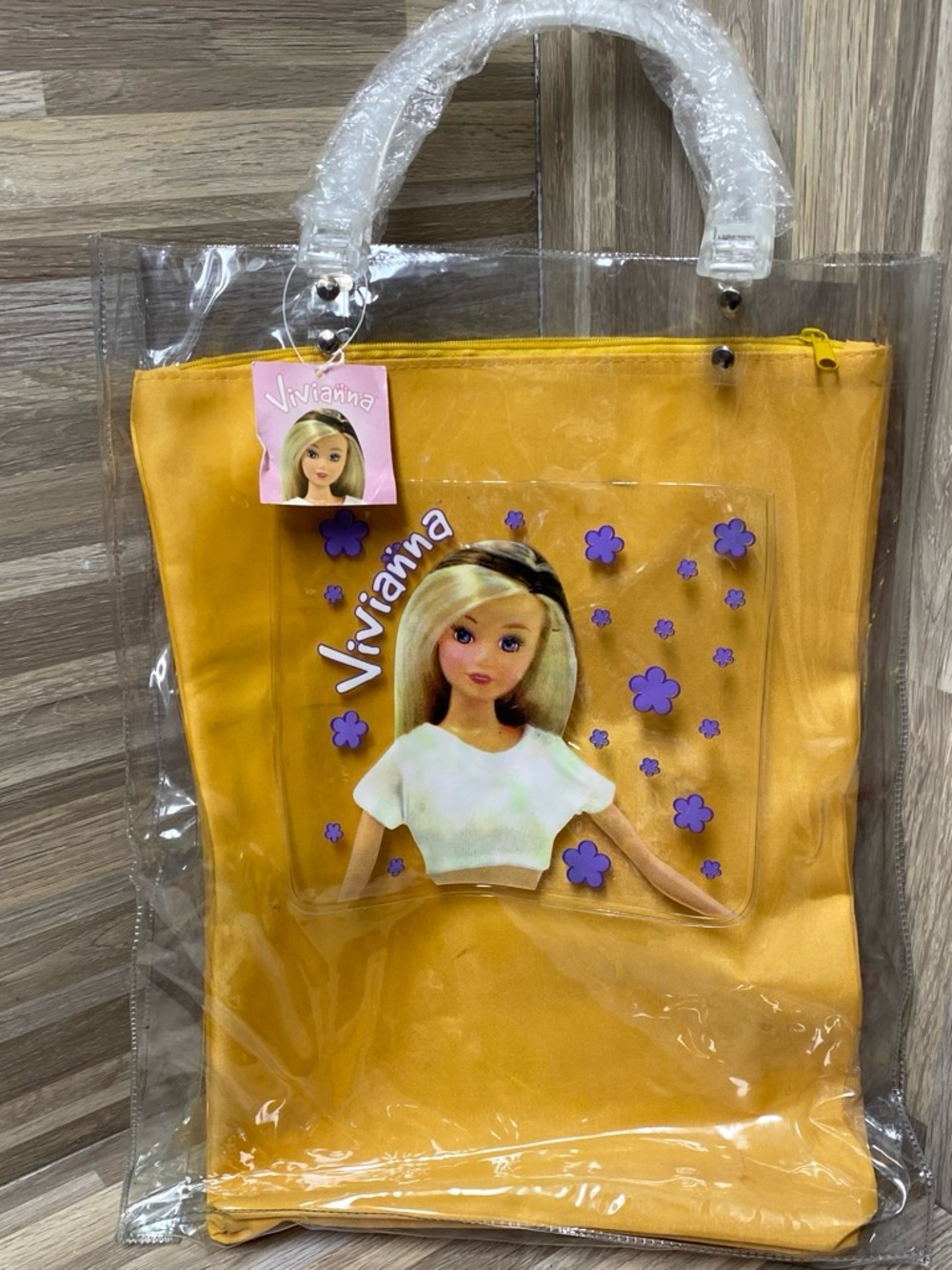 Viviana Yellow Clear Tote with Doll Print and Purple Accents Barbie like vintage